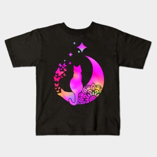 Hot Pink Holographic Rainbow Cat On A Mandala Moon With Butterflies: Hippie Vibe Kids T-Shirt